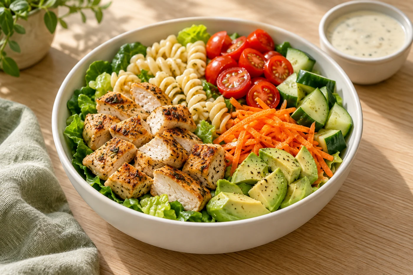 Bowl ilustrativo con pollo a la plancha, pasta y vegetales frescos